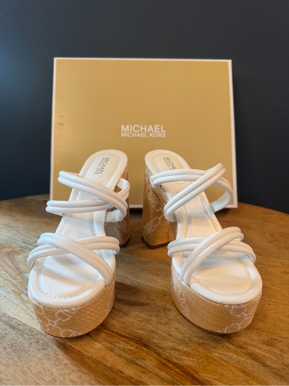 MICHAEL Michael Kors White Strappy Platform Sandals with Patterned Wedge